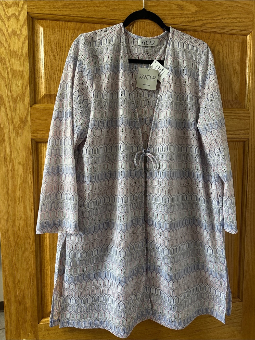 Kasper Pastel Blue & Pink Wave-Print Tie-Front Robe